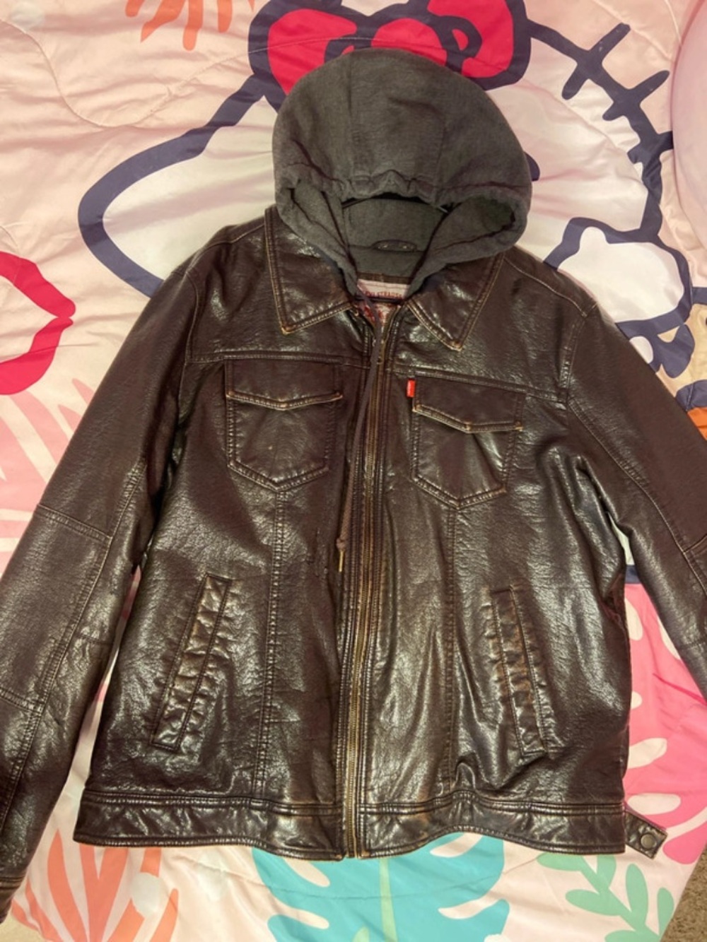 dark brown levi faux leather hooded trucker jacket